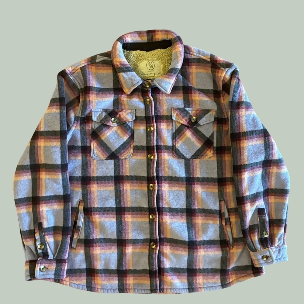 Sage Collective Purple Plaid Sherpa Lined‎ Fleece Shacket Jacket XXL 1535379
